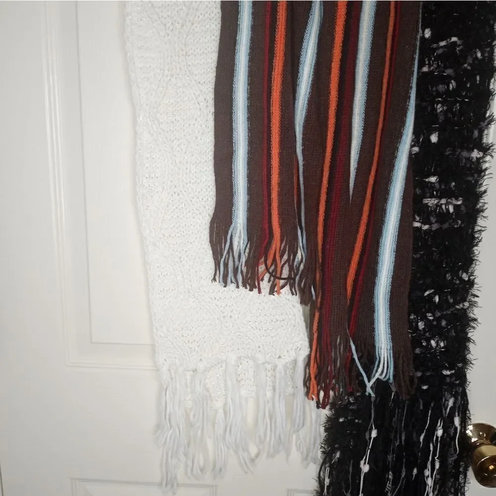 Lot of 3 Pieces White Black Striped Knitted Fringed Women's Scarfs